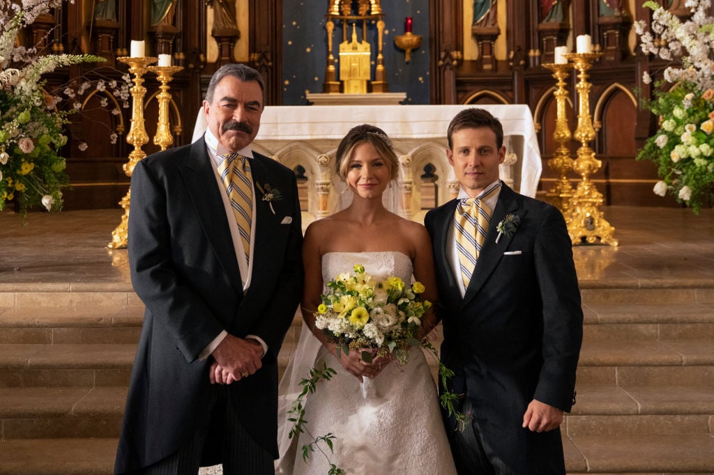 Frank (Tom Selleck), Jamie (Will Estes), and Eddie's (Vanessa Ray) on "Blue Bloods"