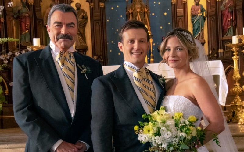 Tom Selleck as Frank, Will Estes as Jamie, and Vanessa Ray as Eddie on "Blue Bloods"