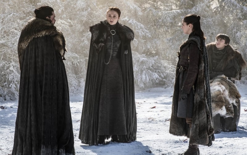 Hit Harington as Jon Snow, Sophie Turner as Sansa Stark, Maisie Williams as Arya, Isaac Hempstead Wright as Bran