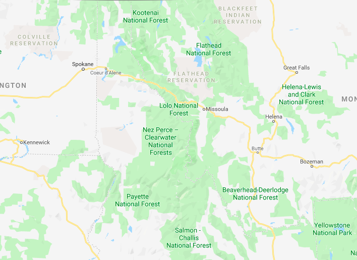 A map showing the northern part of Idaho state