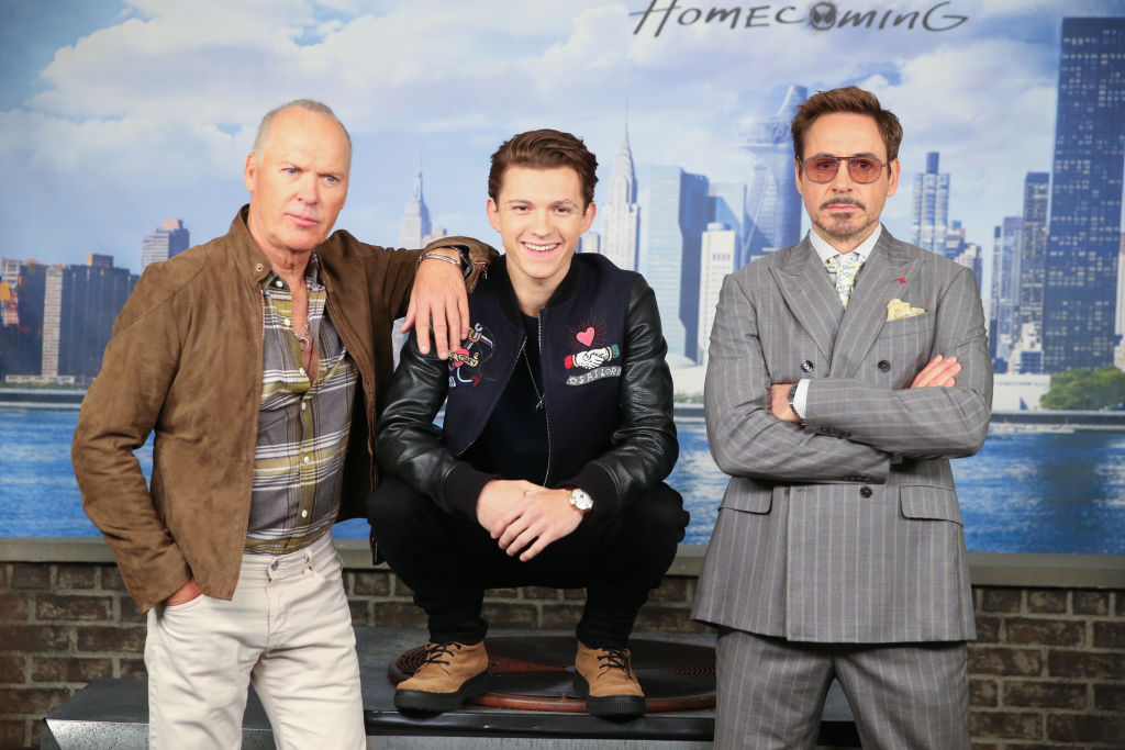 (L-R) Michael Keaton, Tom Holland, and Robert Downey Jr.