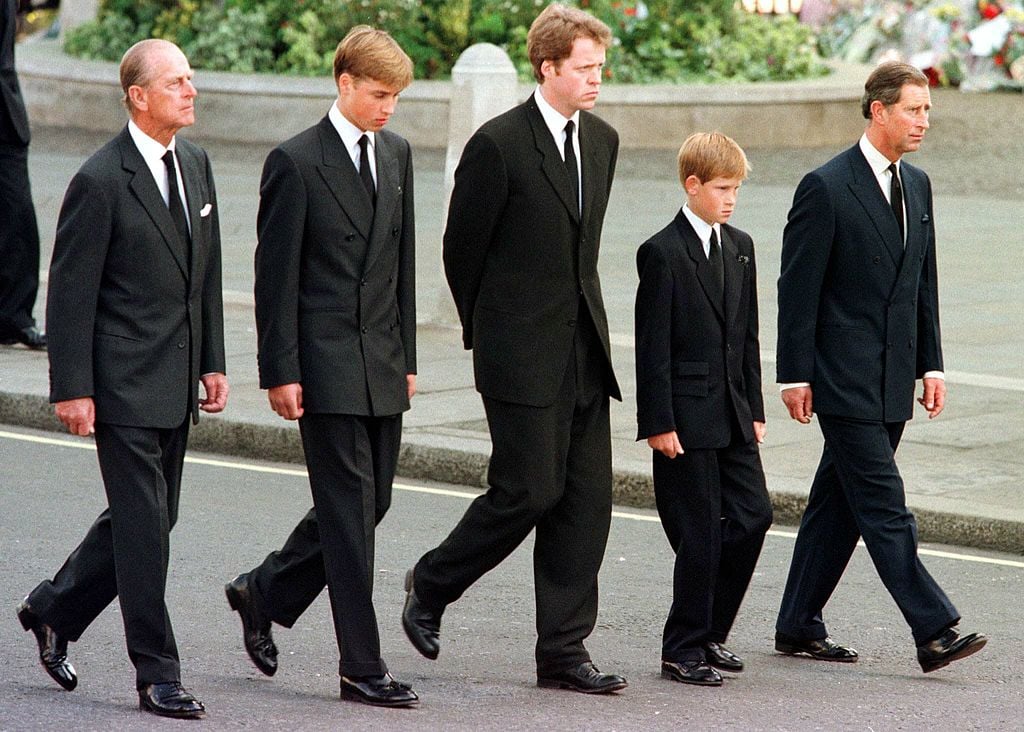 Prince Philip, Prince William, Earl Spencer, Prince Harry and Prince Charles walk outside Westminster Abbey during the funeral service for Diana