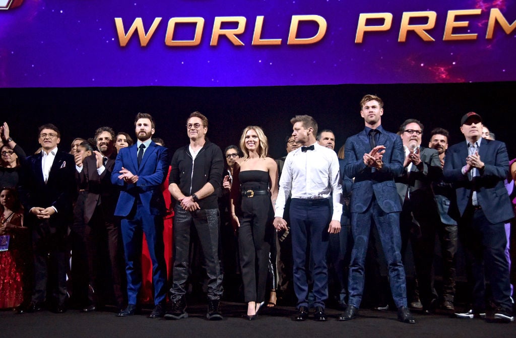 Director Anthony Russo, Mark Ruffalo, Chris Evans, Robert Downey Jr., Scarlett Johansson, Jeremy Renner, Chris Hemsworth, Executive producer Jon Favreau, and President of Marvel Studios/Producer Kevin Feige