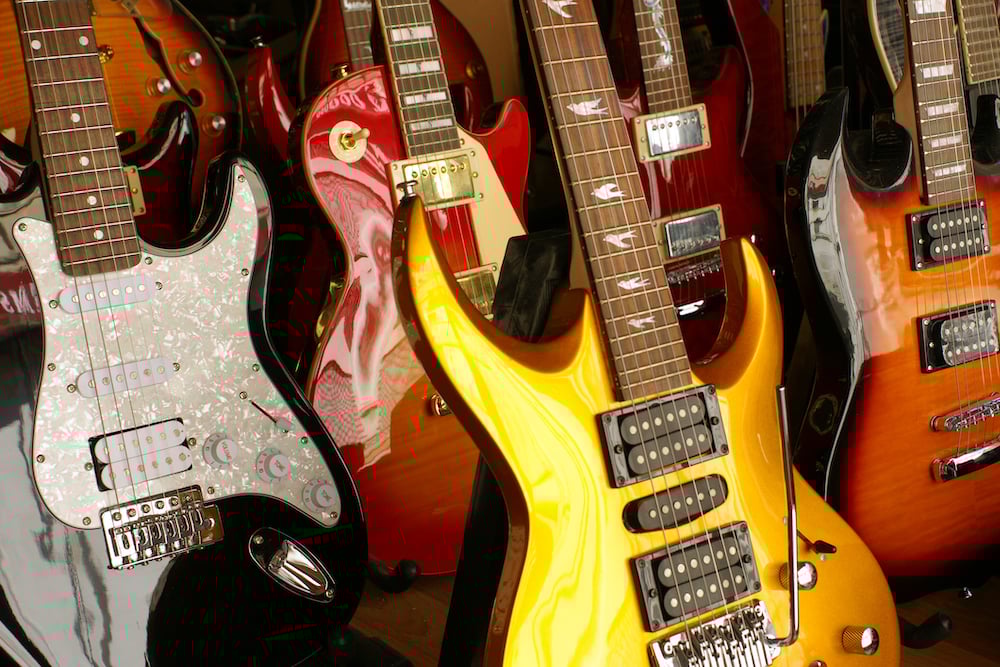 A group of electric guitars