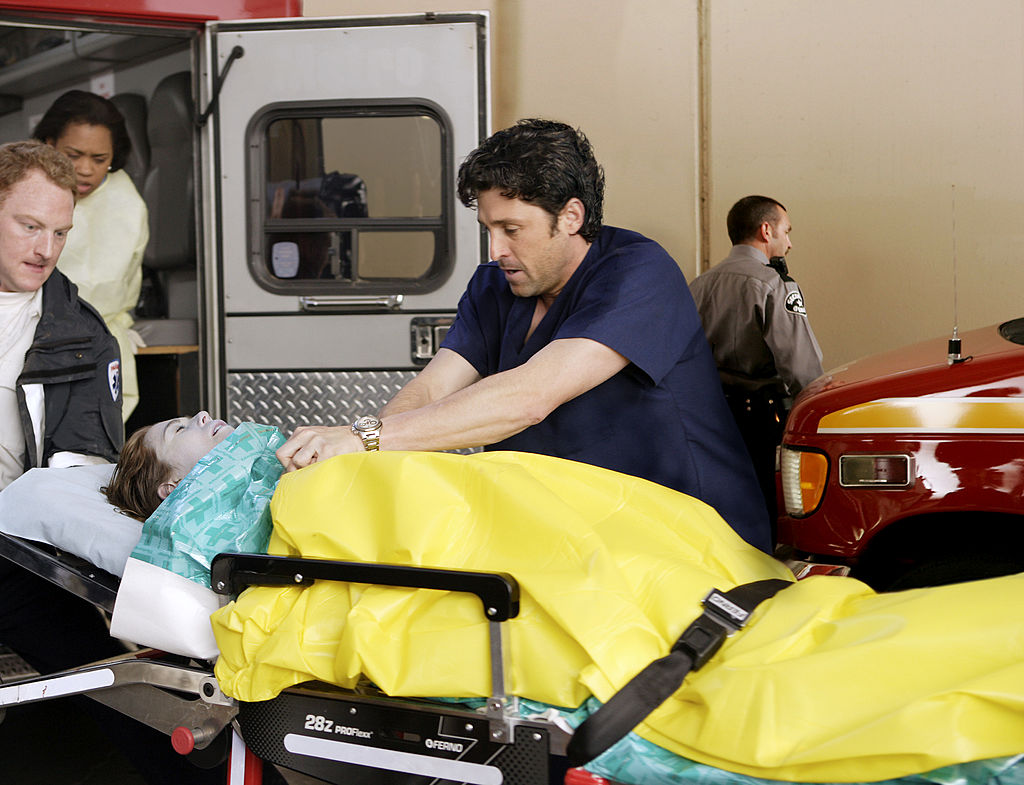 Patrick Dempsey as Derek Shepherd and Ellen Pompeo as Meredith Grey on Grey's Anatomy