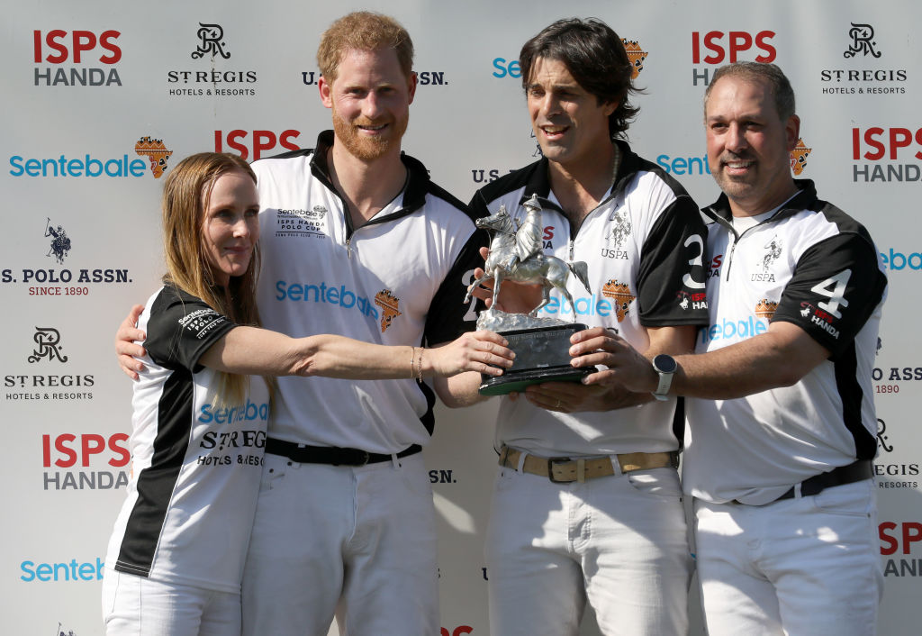 Sarah Siegel Magdness, The Duke of Sussex Prince Harry, Nacho Figueras and Michael Carrazza of Sentebale St. Regis presents the Sentebale Polo 2019 trophy at Roma Polo Club