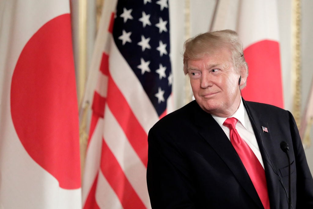 President Donald Trump reacts during a news conference with Shinzo Abe, Japan's prime minister, State Visit To Japan