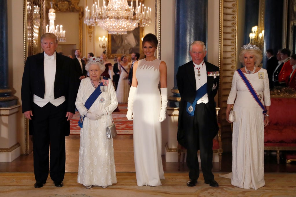 U.S. President Donald Trump, Queen Elizabeth II, First Lady Melania Trump, Prince Charles Prince of Wales and Camilla Duchess of Cornwall