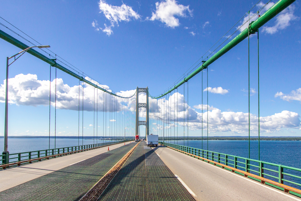 Driving Across The Mackinaw Bridge In Michigan