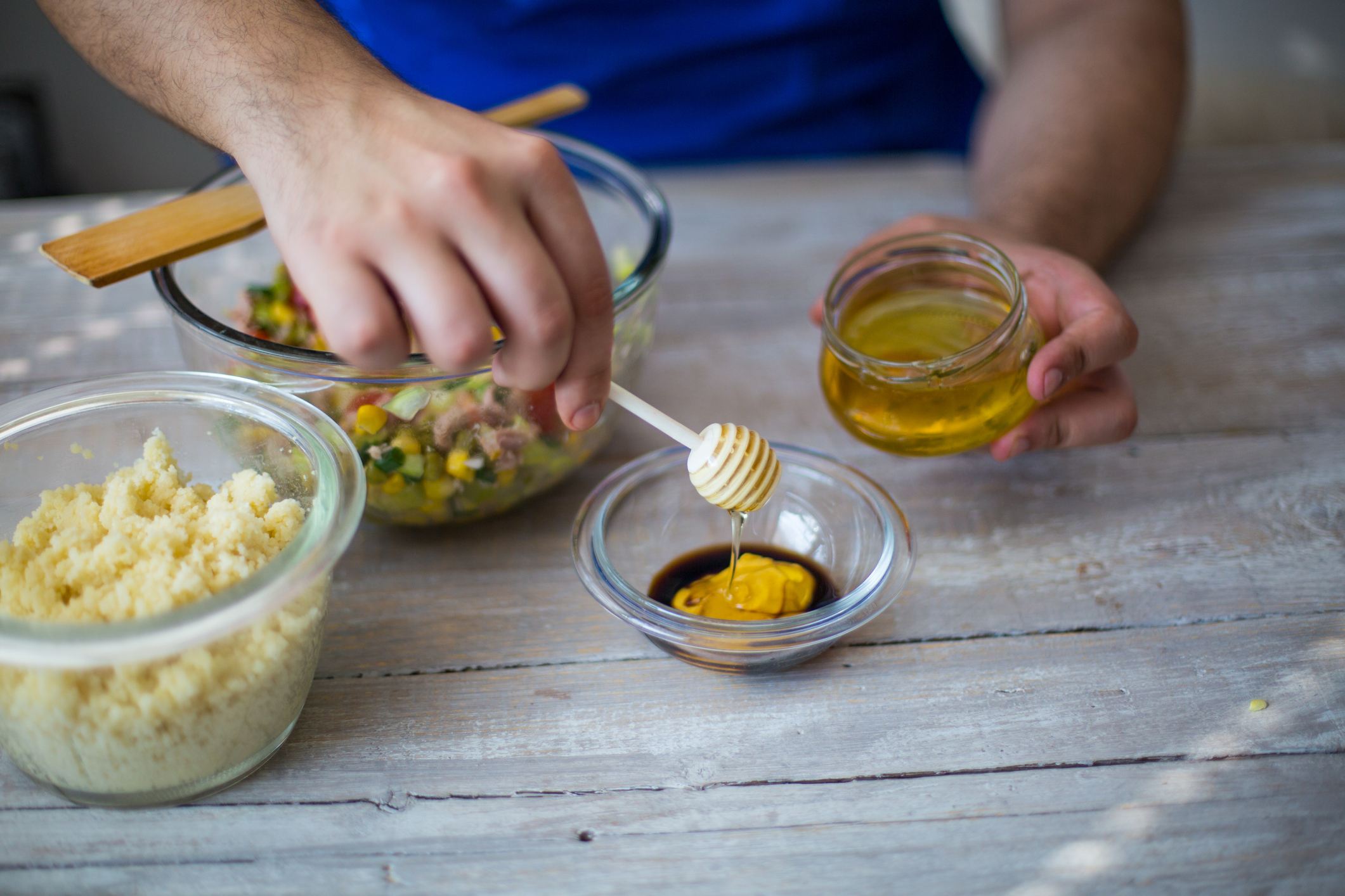 Chef making honey-mustard dressing