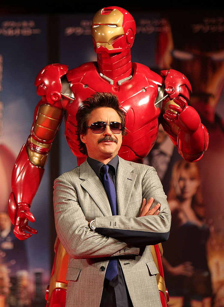 Robert Downey Jr. with Iron Man on press tour, 2008.