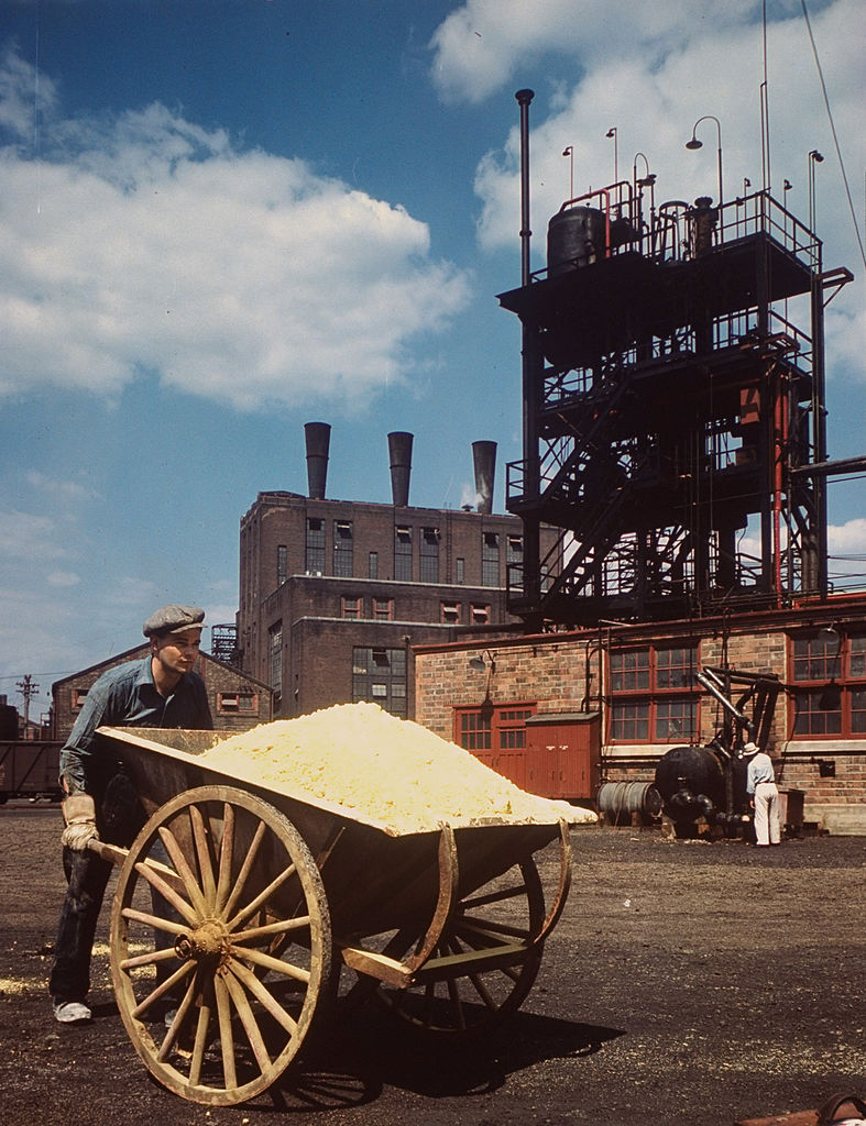 Plant worker pushing a wheelbarrow