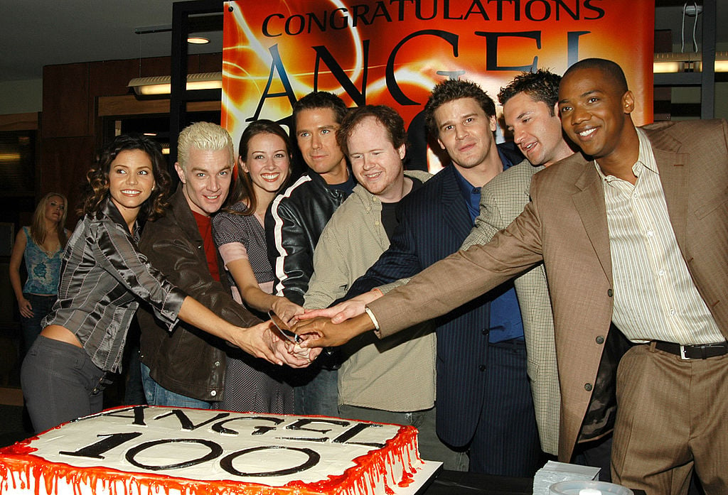 (L-R): Charisma Carpenter, James Marsters, Amy Acker, Alexis Denisof, Joss Whedon, David Boreanaz, Andy Hallett, J. August Richards