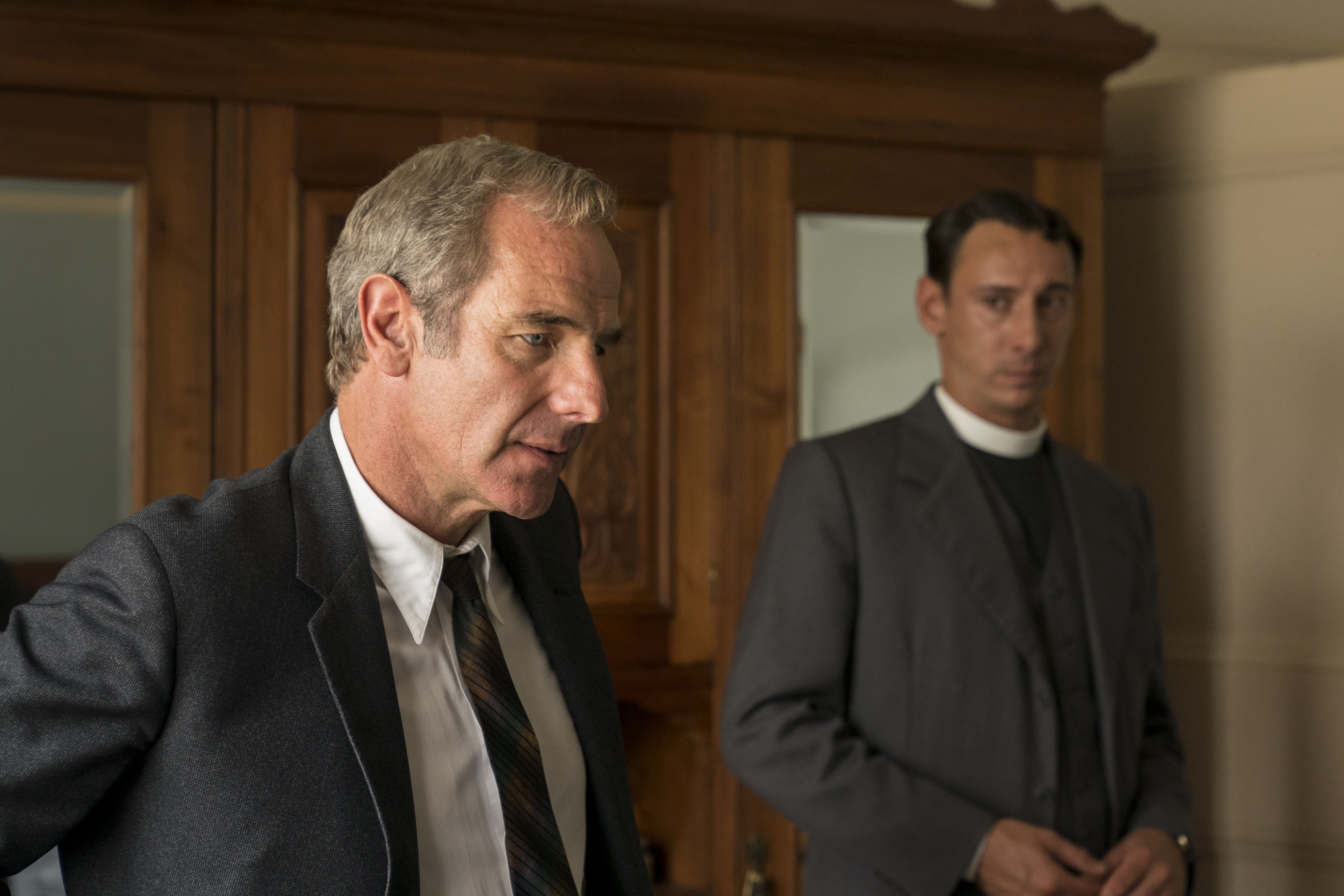 Robson Green as Geordie Keating and Al Weaver as Leonard Finch in Grantchester