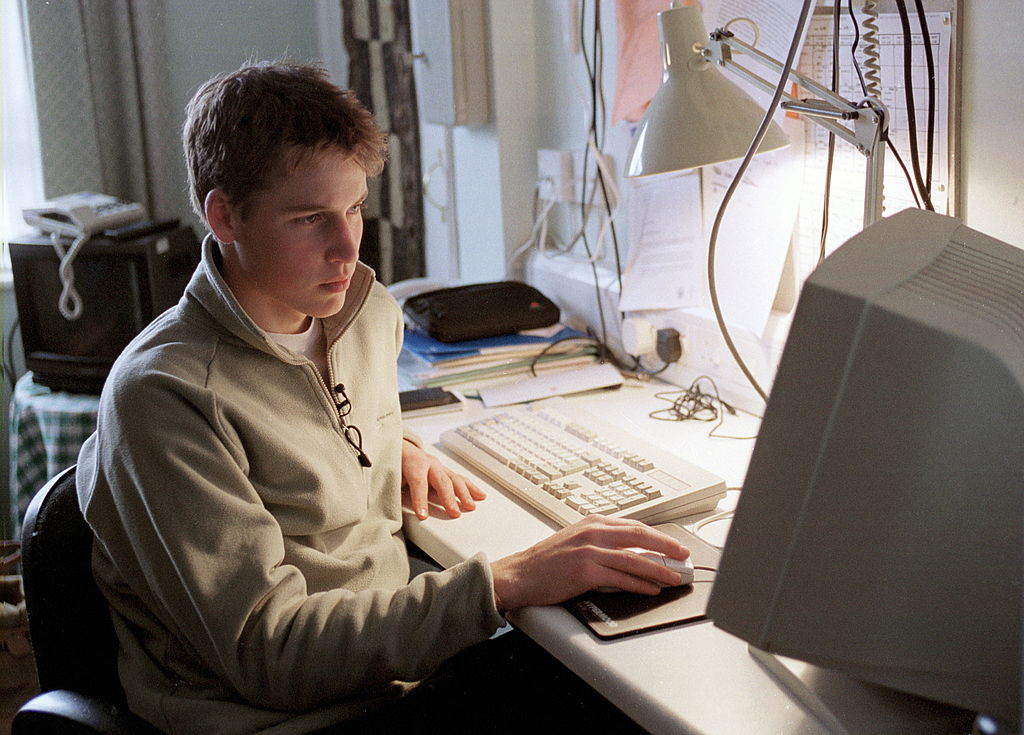 Prince William Using His Computer At His Desk At Eton College Boarding School 