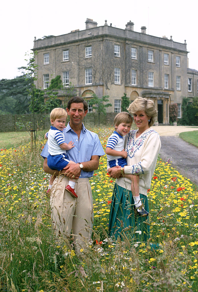 Prince Charles, Prince of Wales and Diana, Princess of Wales pose with their sons Prince William and Prince Harry in the wild flower meadow at Highgrove on July 14, 1986 in Tetbury, England