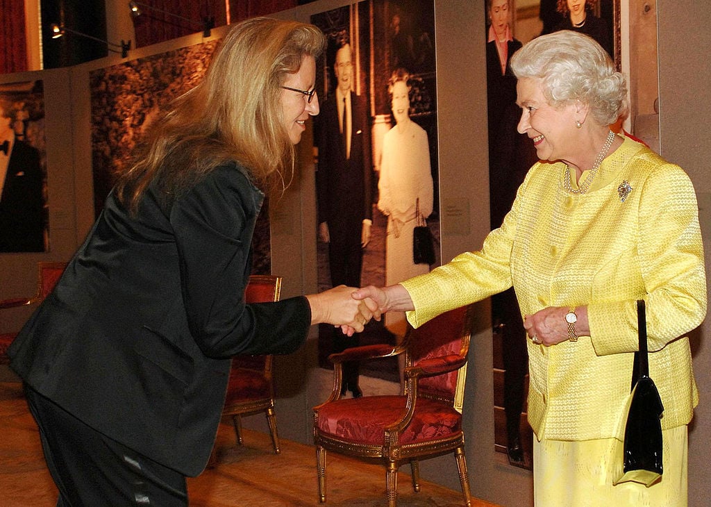 HRH Queen Elizabeth ll greets photographer Annie Leibovitz at a reception for American based in England at Buckingham Palace on March 27, 2007.