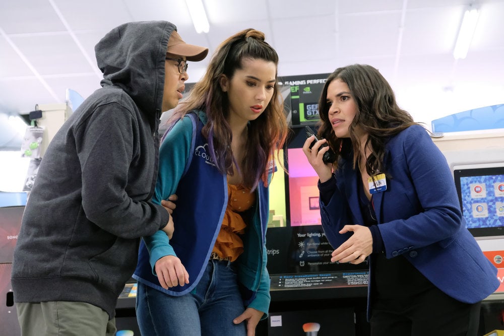 Superstore -- "Employee Appreciation Day" Episode 422 -- Pictured: (l-r) Nico Santos as Mateo, Nichole Bloom as Cheyenne, America Ferrera as Amy