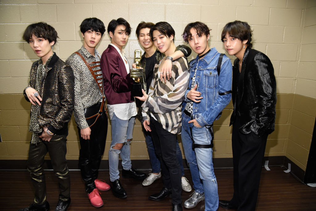 The band BTS backstage at the 2018 Billboard Music Awards