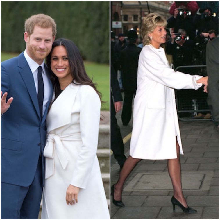 Princess Diana and Meghan Markle wearing white jackets