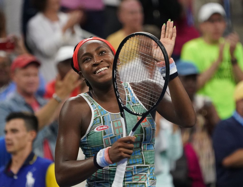 Tennis player Coco Gauff celebrates her win during her first round match of the U.S. Open