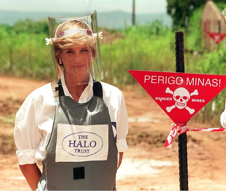 Diana, Princess of Wales, wears body armor during a visit to a landmine