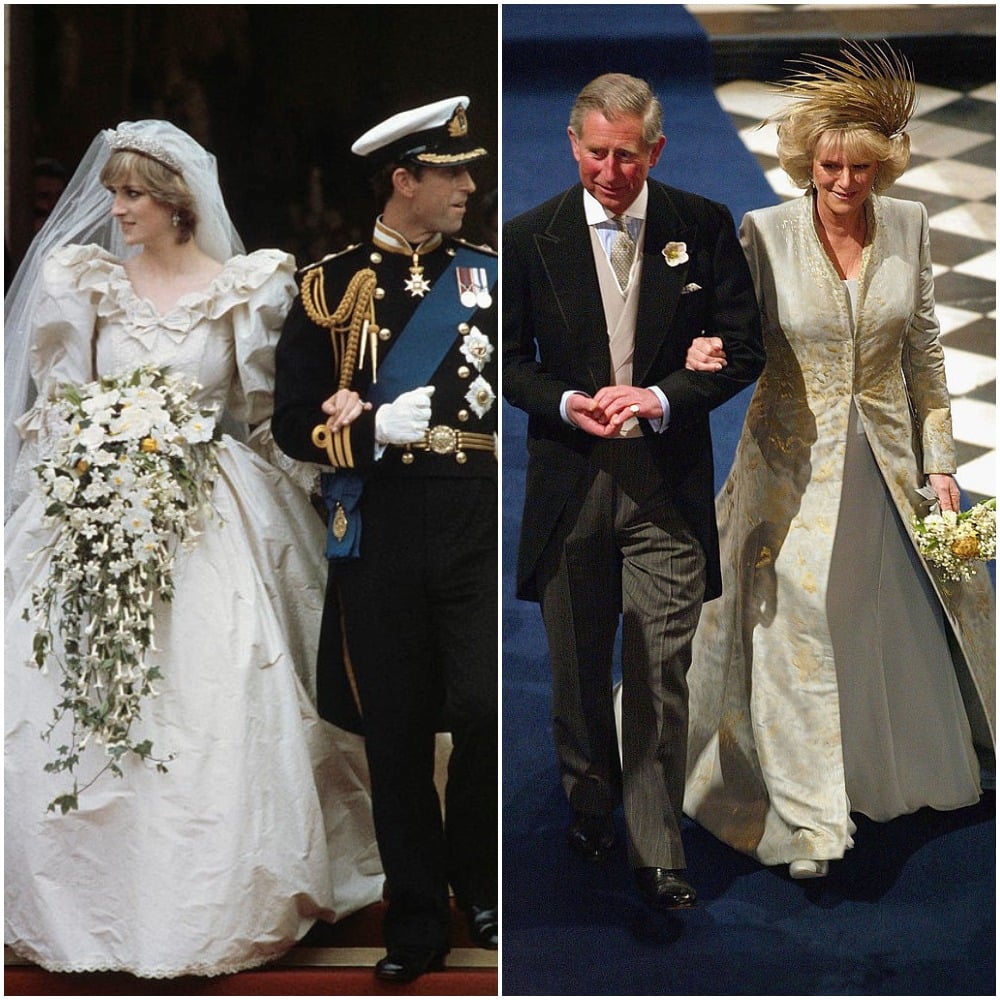 (L) Princess Diana and Prince Charles' wedding, (R) Camilla Parker Bowles and Prince Charles' wedding