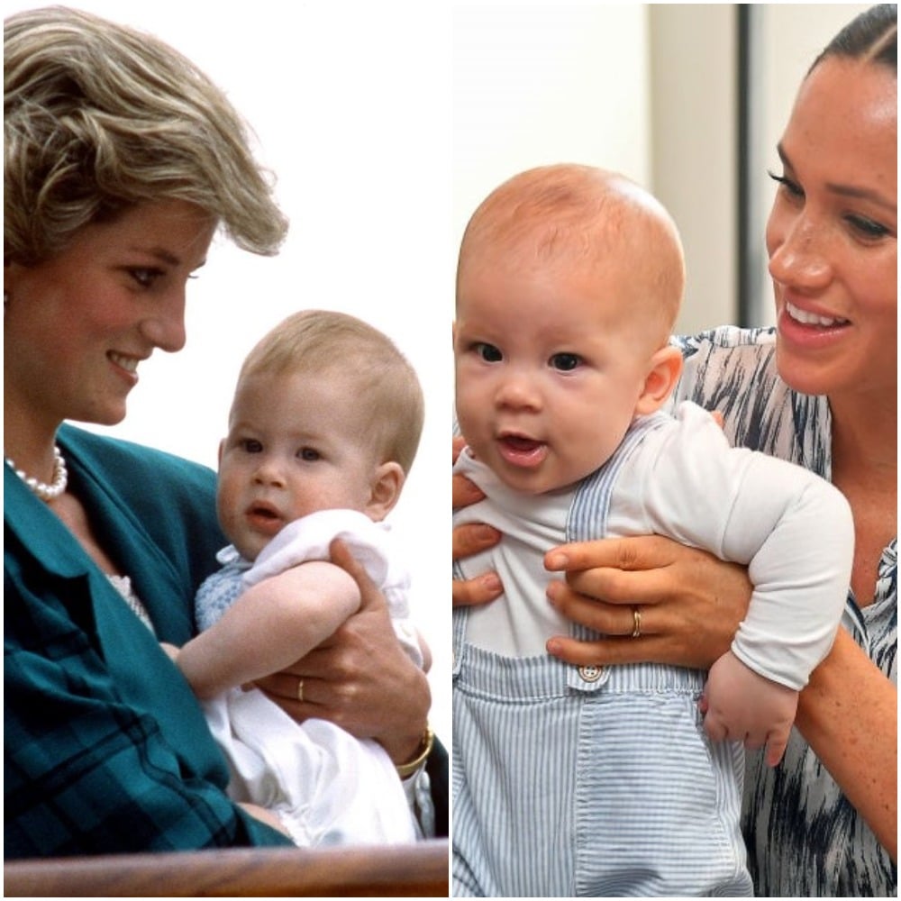 (L) Princess Diana holding Prince Harry, (R) Meghan Markle holding baby Archie