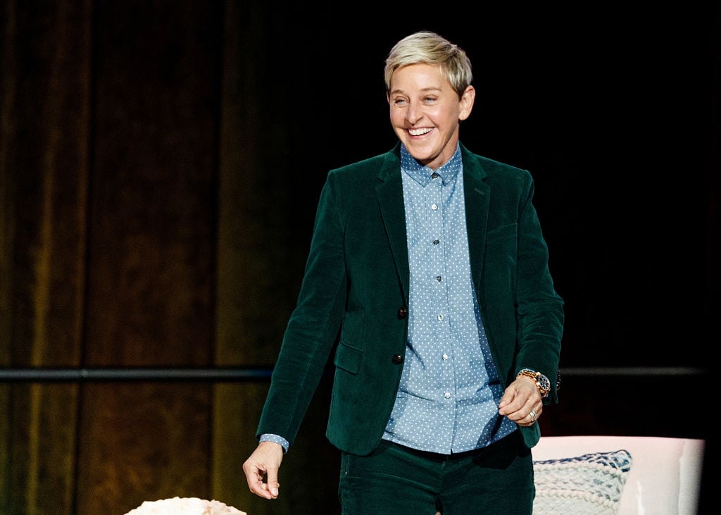 Ellen DeGeneres seen onstage during "A Conversation With Ellen DeGeneres" at Rogers Arena.