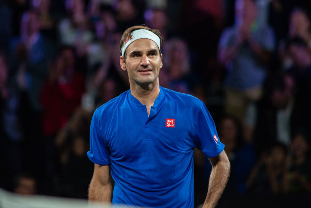 Roger Federer of Team Europe celebrates his win during Day 3 of the Laver Cup 2019 at Palexpo in Geneva, Switzerland.