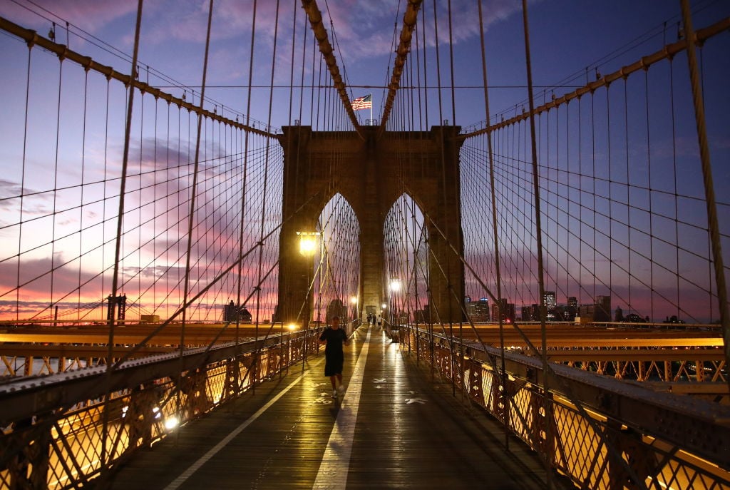 A view of the Brooklyn Bridge connecting Manhattan and Brooklyn across the East River