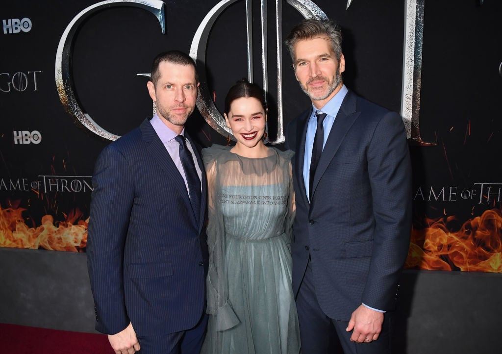 Game of Thrones season 8 star Emilia Clarke with D.B. Weiss and David Benioff