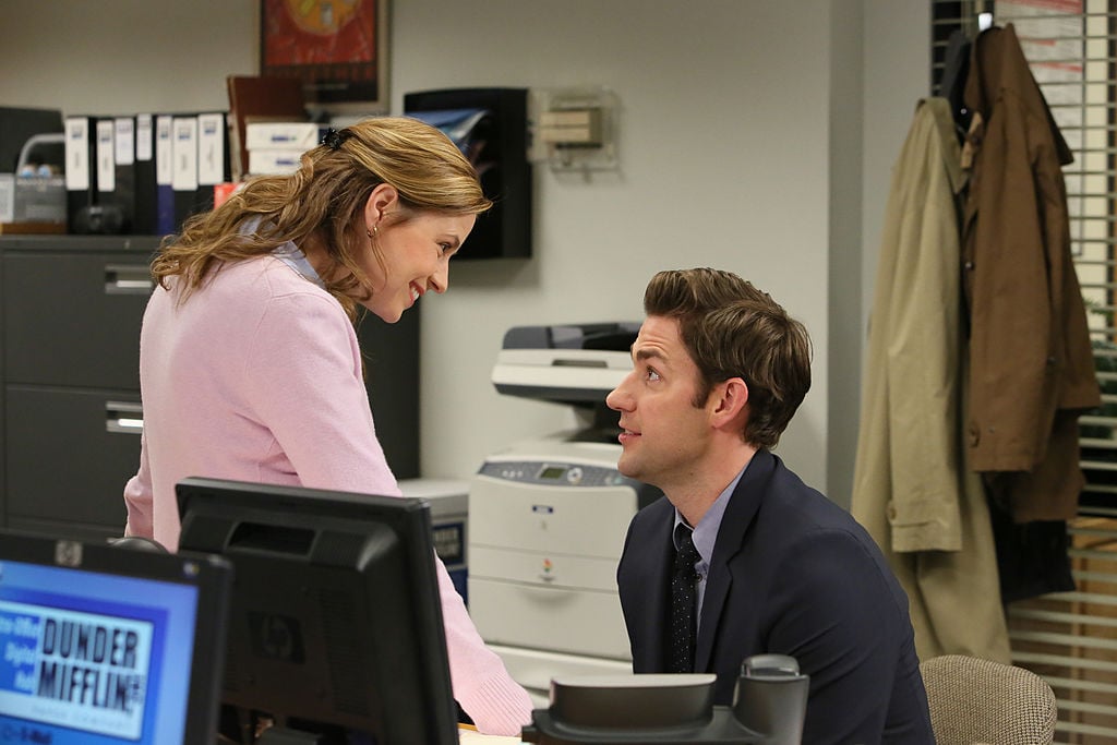 Jenna Fischer and John Krasinski as Pam Beesly Halpert and Jim Halpert on set of The Office