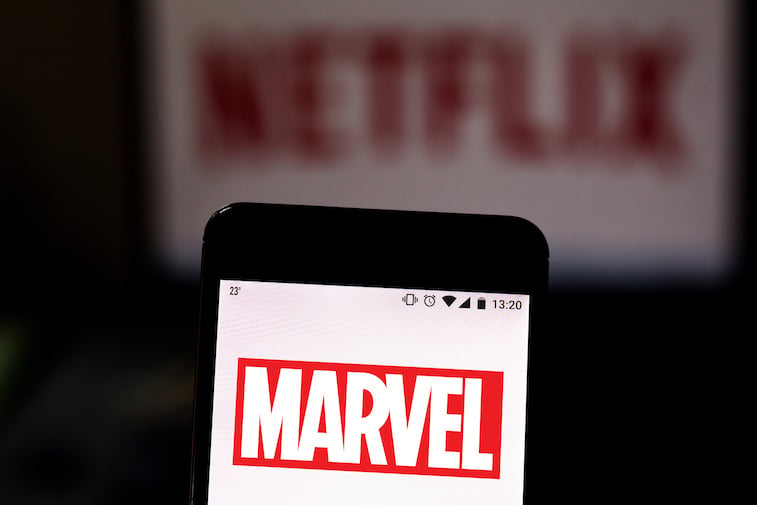Marvel logo shown on a mobile phone screen