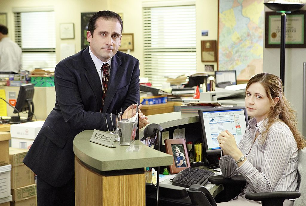 Steve Carell and Jenna Fischer on set of The Office