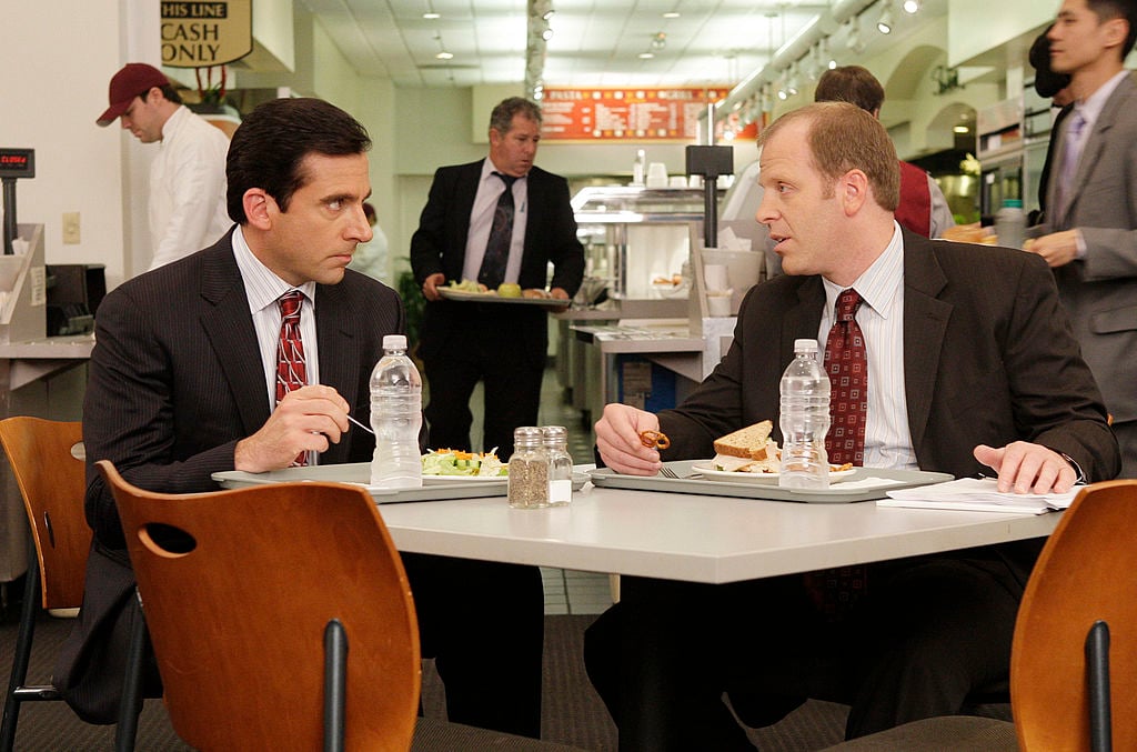 Steve Carell as Michael Scott and Paul Lieberstein as Toby Flenderson on set of The Office