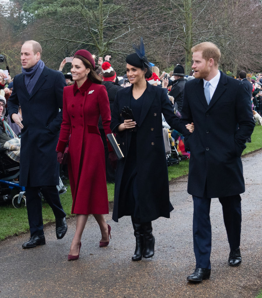 Prince William, Duke of Cambridge, Catherine, Duchess of Cambridge, Meghan, Duchess of Sussex and Prince Harry, Duke of Sussex attend Christmas Day Church service at Church of St Mary Magdale