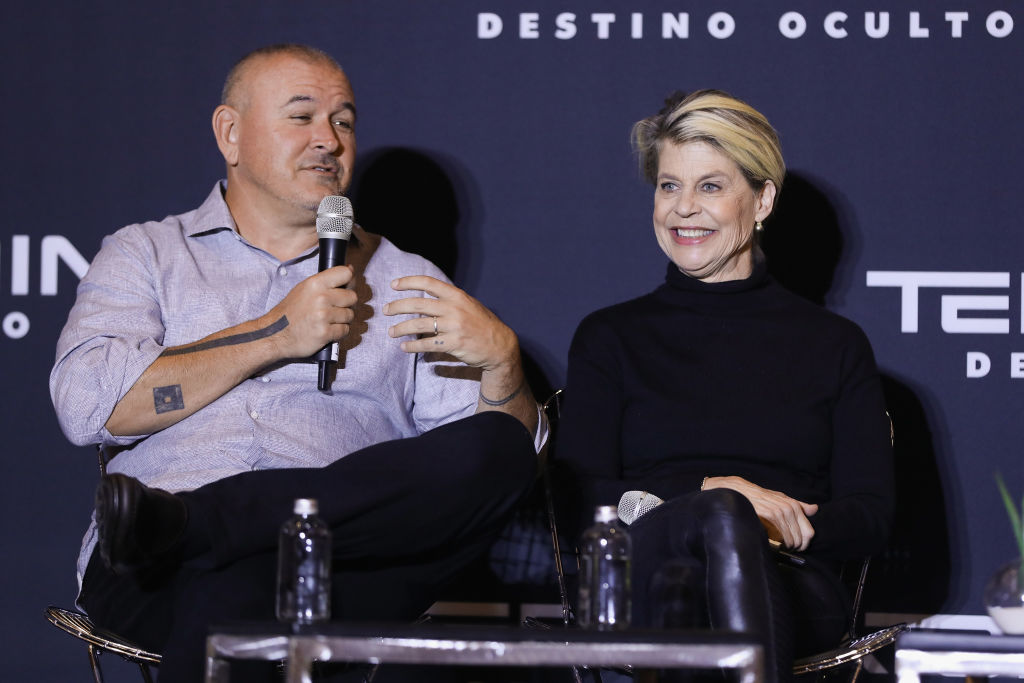 Tim Miller and Linda Hamilton at a press conference for 'Terminator: Dark Fate'