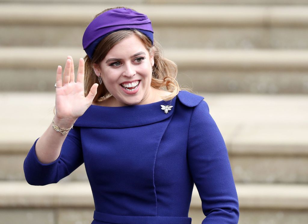 Britain's Princess Beatrice of York arrive to attend the wedding of Britain's Princess Eugenie of York.