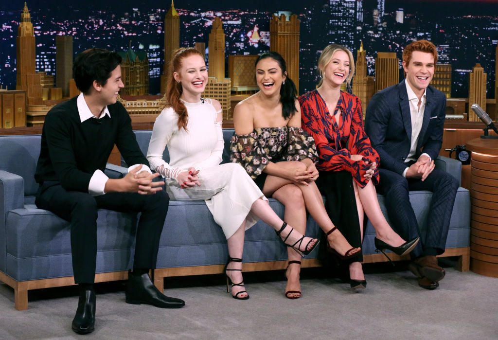 L-R: Cole Sprouse, Madelaine Petsch, Camila Mendes, Lili Reinhart and KJ Apa on The Tonight Show