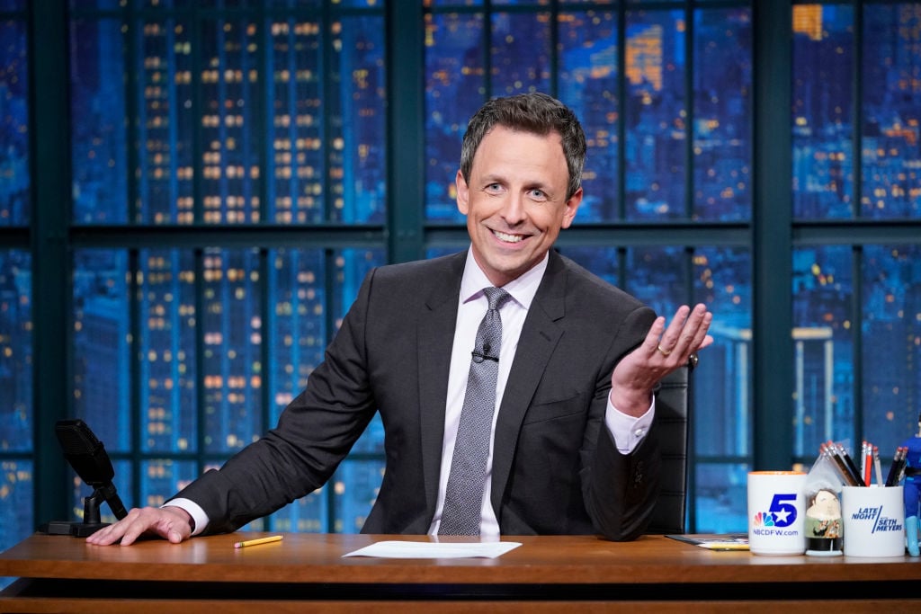 Seth Meyers delivers the monologue from his desk.