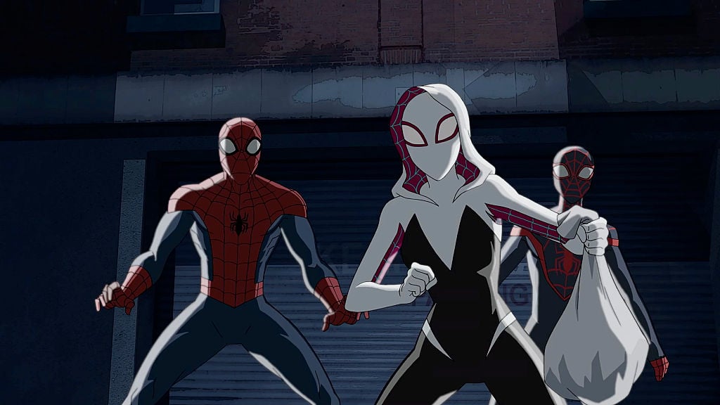 Spider-Gwen, Spider-Man, and Miles Morales in 'Marvel's Ultimate Spider-Man Vs. The Sinister 6' animated series. 