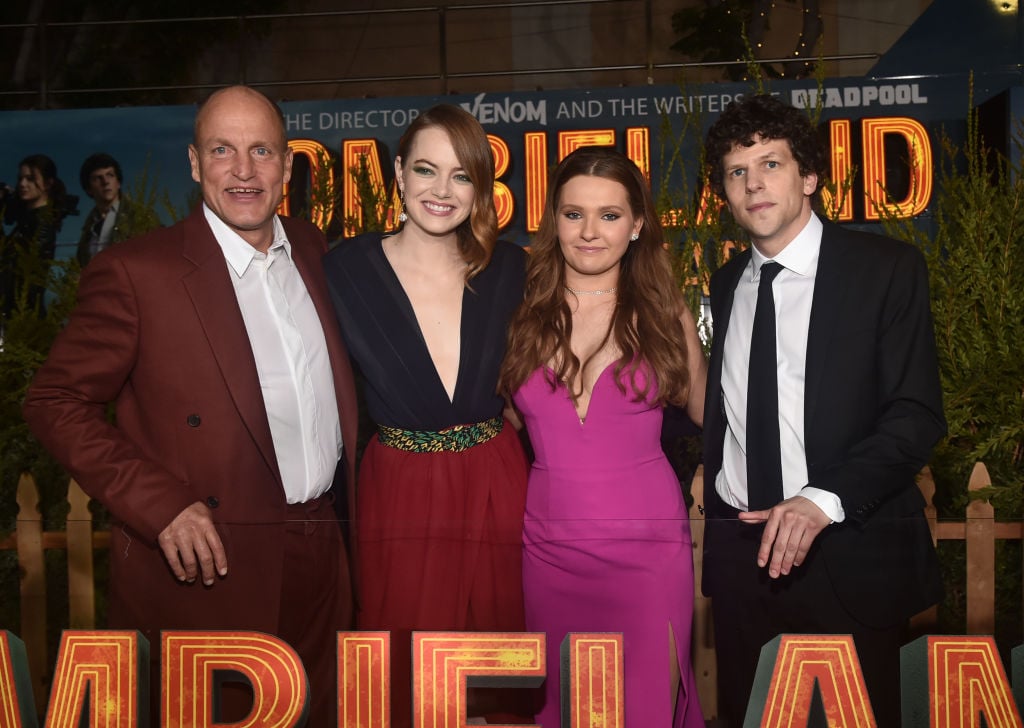 Woody Harrelson, Emma Stone, Abigail Breslin, and Jesse Eisenberg attend the premiere of 'Zombieland: Double Tap' on October 10, 2019