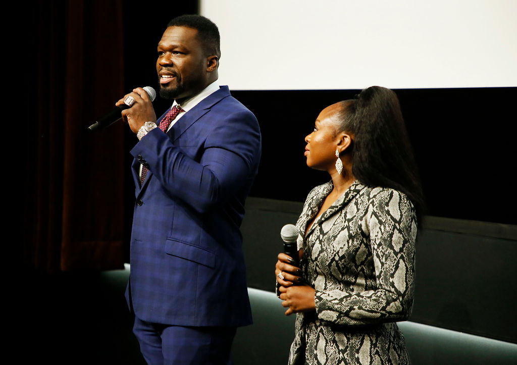 Curtis "50 Cent" Jackson and Naturi Naughton speak at a 2019 STARZ "Power" event