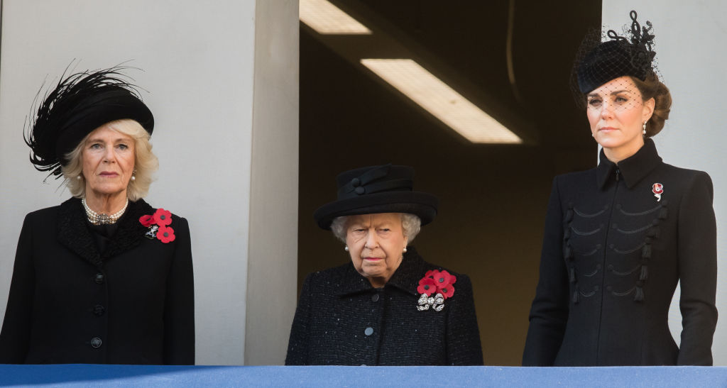 Camilla, Duchess of Cornwall, Queen Elizabeth II and Catherine, Duchess of Cambridge attend Remembrance Sunday memorial on Nov. 10, 2019.