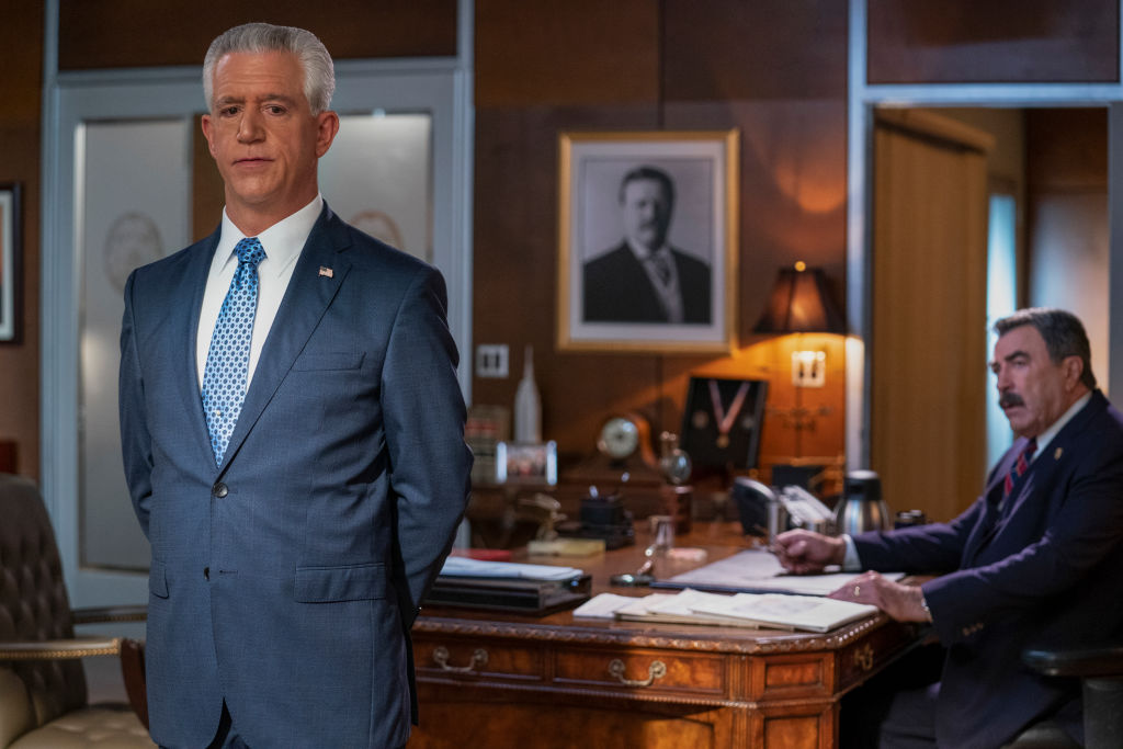 Gregory Jbara as Garrett Moore and Tom Selleck as Frank Reagan | Patrick Harbron/CBS via Getty Images