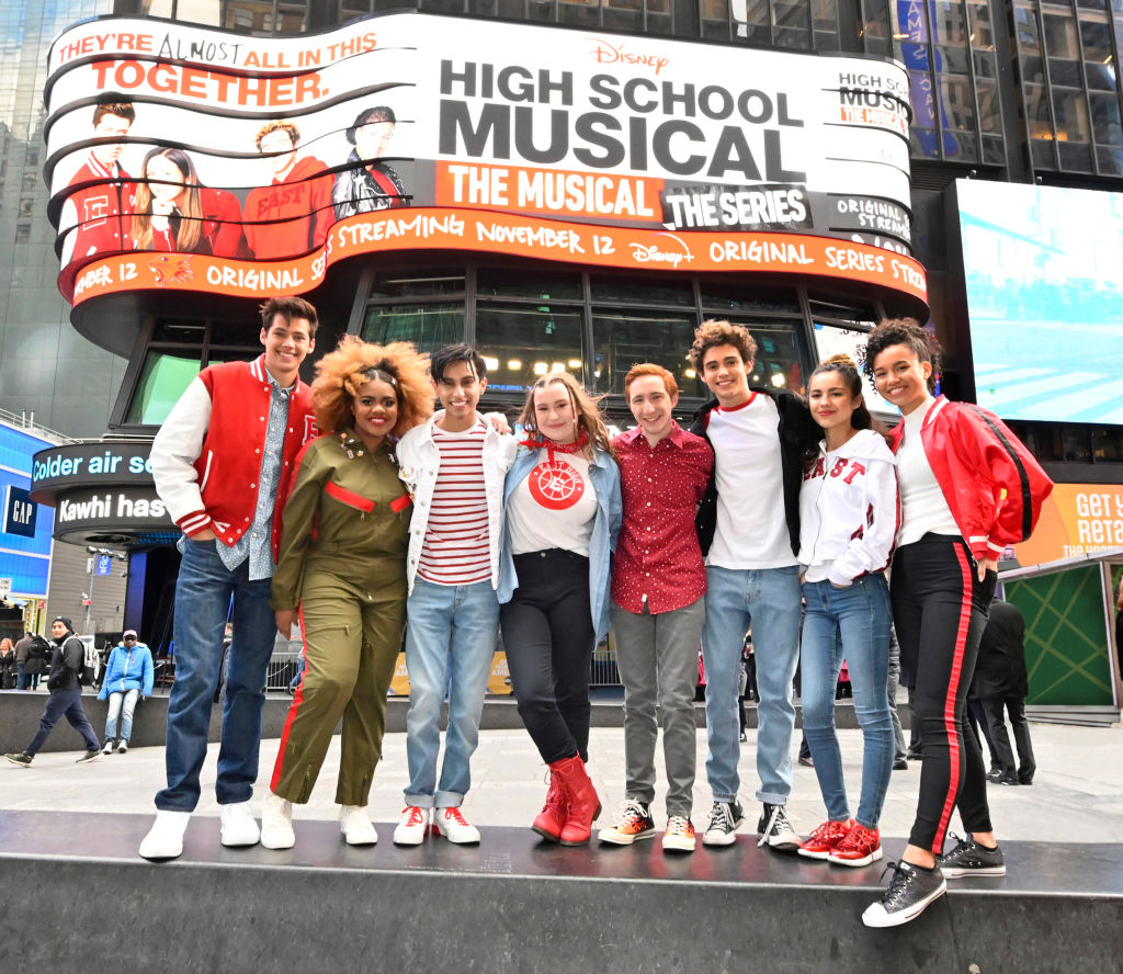 Disney+ series High School Musical: The Musical: The Series cast, Joshua Bassett, Olivia Rodrigo, Sofia Wylie, Matt Cornett, Dara Renee', Frankie A. Rodriguez, Julia Lester, and Larry Saperstein