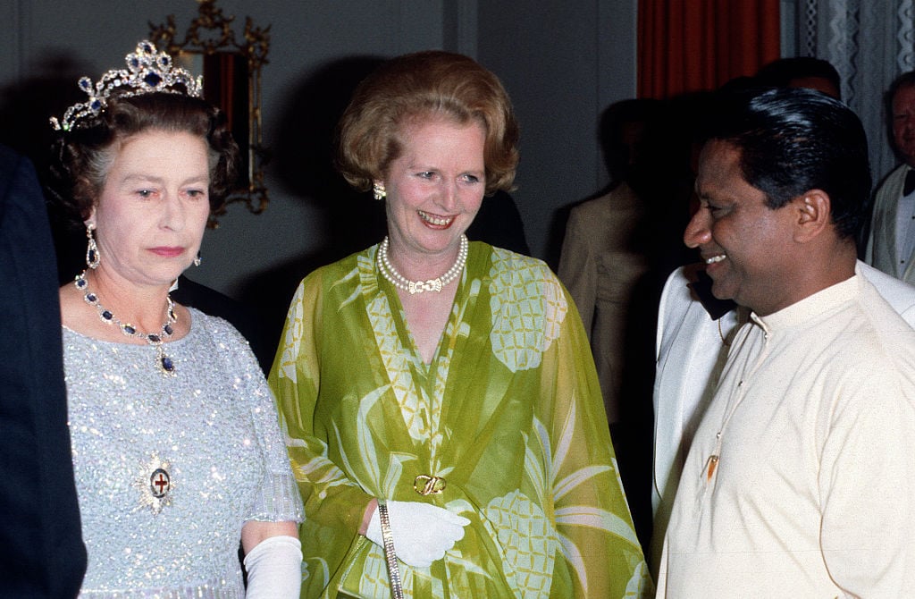 Queen Elizabeth II and Prime Minister Margaret Thatcher attend a ball to celebrate the Commonwealth Heads of Government Meeting hosted by President Kenneth Kaunda on August 01, 1979 in Lusaka, Zambia