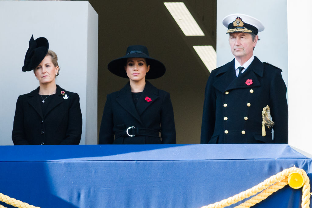 Sophie, Countess of Wessex, Meghan, Duchess of Sussex and Vice Admiral Timothy Laurence attend the National Service of Remembrance at the Cenotaph on 10 November, 2019 in London, England, held annually to commemorate military personnel who died in the line of duty on the anniversary of the end of the First World War
