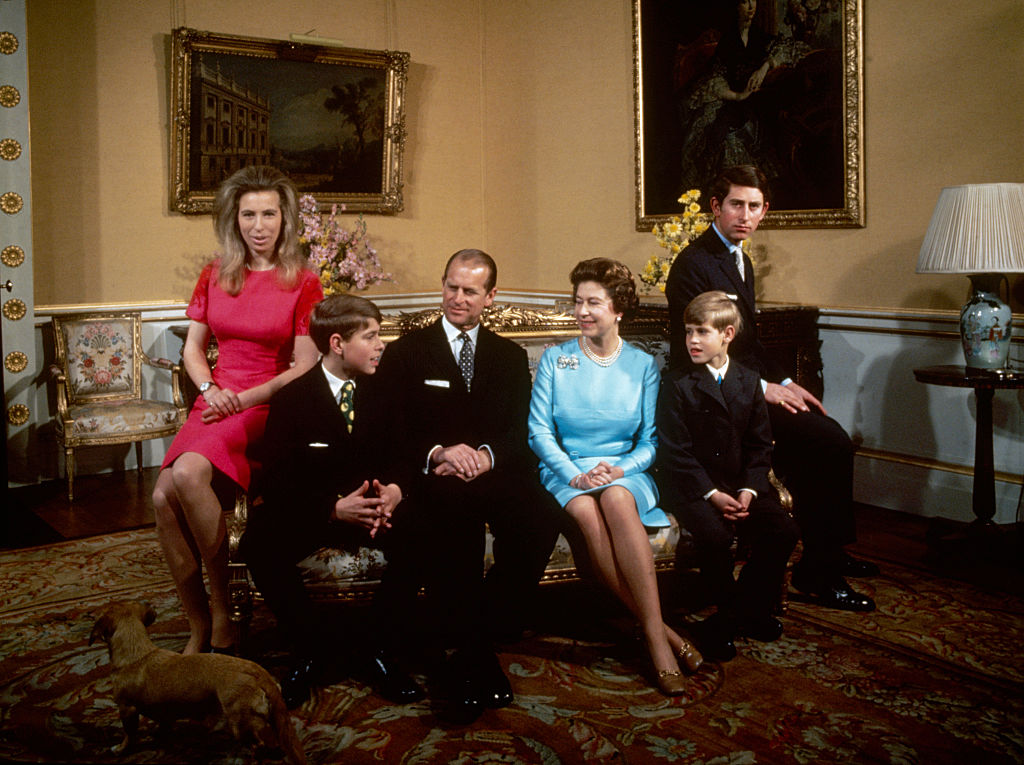 The royal family at Buckingham Palace, London, 1972. Left to right: Princess Anne, Prince Andrew, Prince Philip, Queen Elizabeth, Prince Edward and Prince Charles